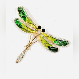 Vintage Gold Tone Green Enamel Clear Rhinestone Dragonfly Brooch 3”X2”